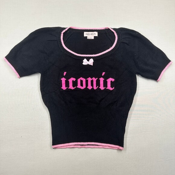Paris Hilton Sweaters - Y2K Paris Hilton Graphic Crop Sweater Bow Detail Black Pink S